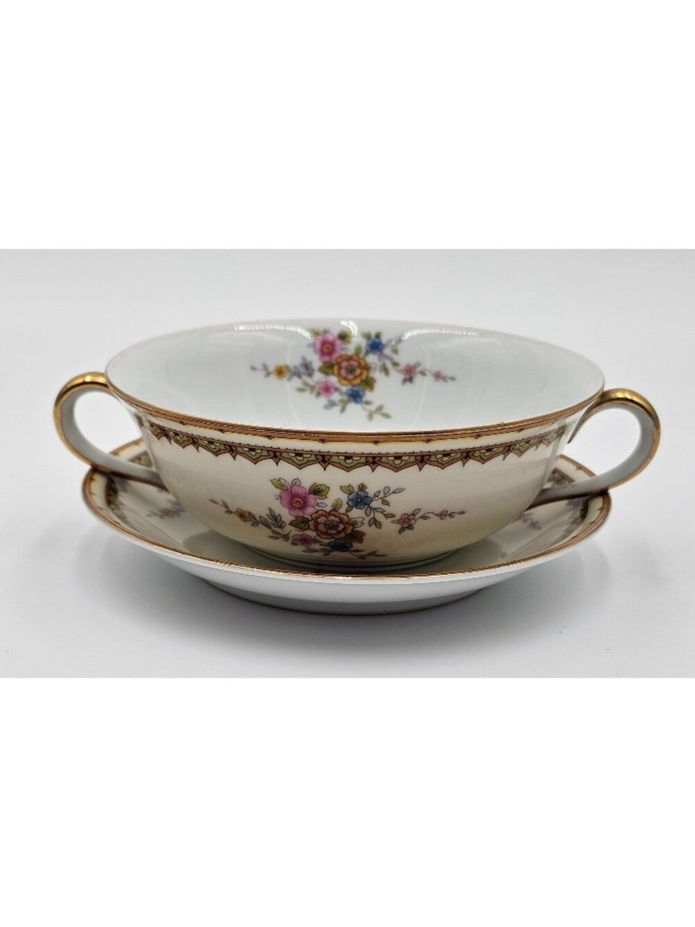 VTG Japanese Noritake Morimura Porcelain Floral & Gold Soup Bowl & Saucer Set